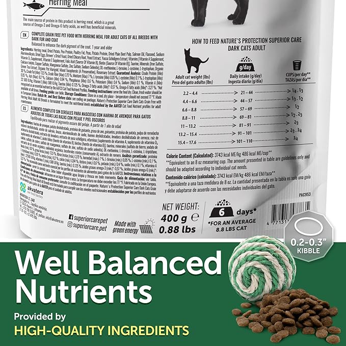 Nature's Protection Dry Cat Food - Grain Free, High Protein Cat Food Dry Kibble for Indoor Adult Cats with Dark Fur - Sensitive Stomach, No Tear Stains & Hairball (Superior Care - Herring, 14.11 oz)