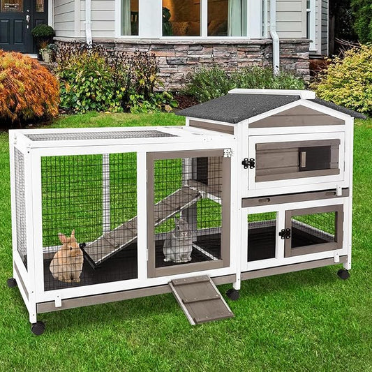 PetsCosset 57" L Rabbit Hutch Indoor Outdoor 2 Story Large Bunny Hutch with Run Guinea Pig Cage Wooden Rabbit Cage with Removable 3 Pull Out Trays Pet House for Small-Medium Animals