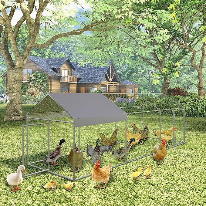 Metal Chicken Coop Run,Outdoor Walk-in Cage Peak Hen House with Waterproof and Anti-Uv Cover,Spire Roof Hen House with Security Lock for Outdoor,Backyard and Farm, 9.8 x 3.3 x 3.3 ft