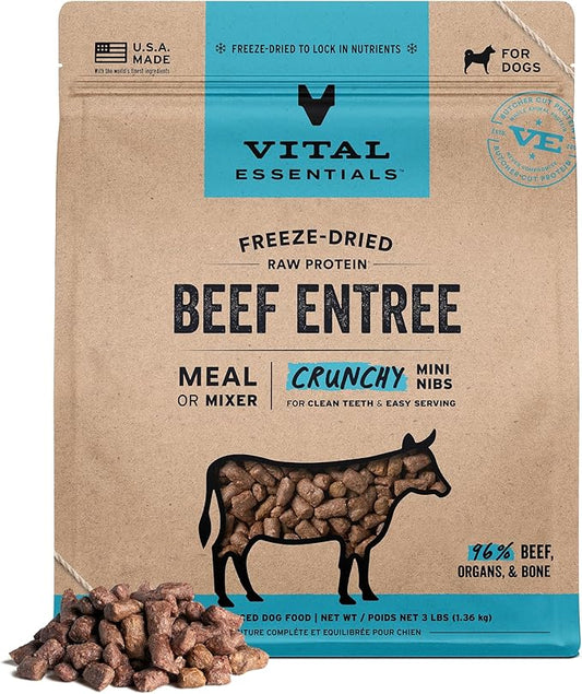 Vital Essentials Freeze-Dried Raw Beef Crunchy Mini Nibs | Complete Meal or Mixer Dog Food | 3 lbs Big Bag