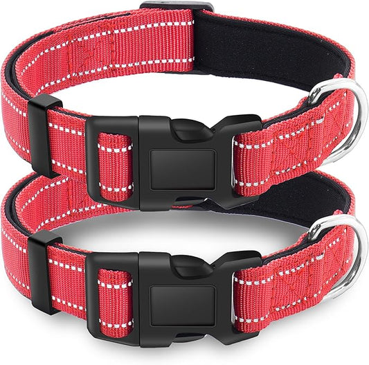 2 Pack Reflective Dog Collar with Safety Locking Buckle, Adjustable Soft Breathable Comfortable Nylon Pet Collar for Small, Medium and Large Dogs, Red, S