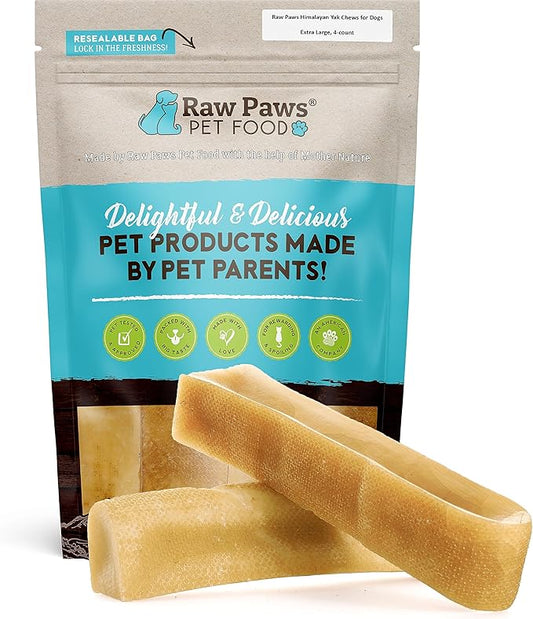 Raw Paws Himalayan Yak Chews for Dogs, Extra Large (4 Pack) - Packed in USA - Tibetan Yak Cheese Dog Chews for Medium to Large Breeds - Hard Milk Dog Chew Bones - Single Ingredient - Long Lasting
