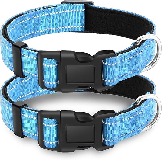 2 Pack Reflective Dog Collar with Safety Locking Buckle, Adjustable Soft Breathable Comfortable Nylon Pet Collar for Small, Medium and Large Dogs, SkyBlue, XL