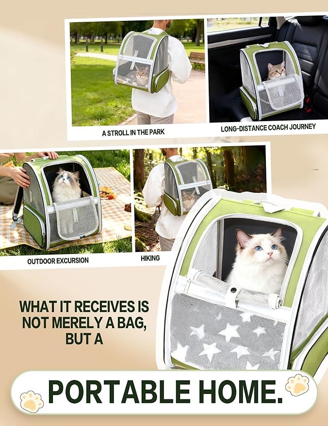 Green Cat Backpack Carrier with Washable Crate Bed Mat Breathable Cat Carrier Large Space for Medium Small Dog Puppy Kitty Bunny Ventilated Mesh Pet Backpack for Cats Travel Hiking Walking Outdoor Use