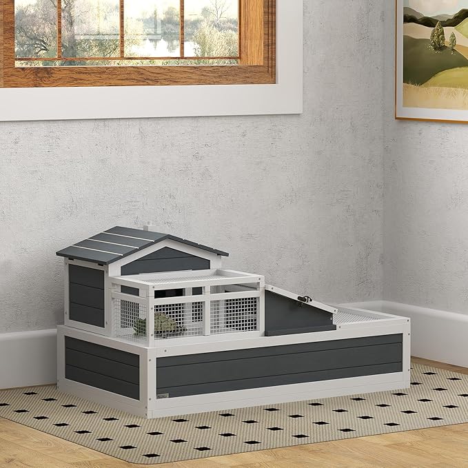 PawHut 3- Room Tortoise House Habitat with Balcony & 2 Stories, Indoor/Outdoor Wooden Tortoise Enclosure with Ladder, Tray, Openable Roof, Large Reptile Cage, 44" x 25.5" x 23", Gray