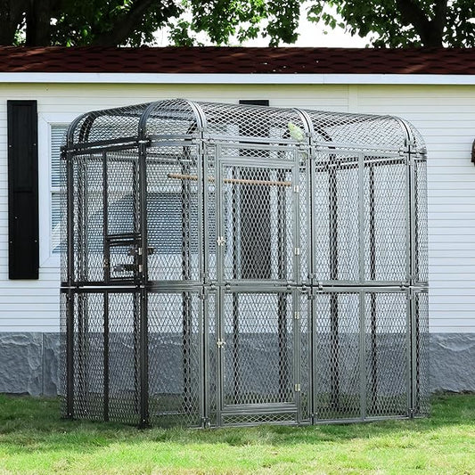 Large Walk-in Cage 77-inch Heavy Duty Birdcage Outdoor Diamond Grid Aviary Parrot Cage Wide Flight Metal Birdcage for Macaw Budgie Conure Lovebird Parakeet Cockatiel, 6.4x3.87x5.91ft, Silver
