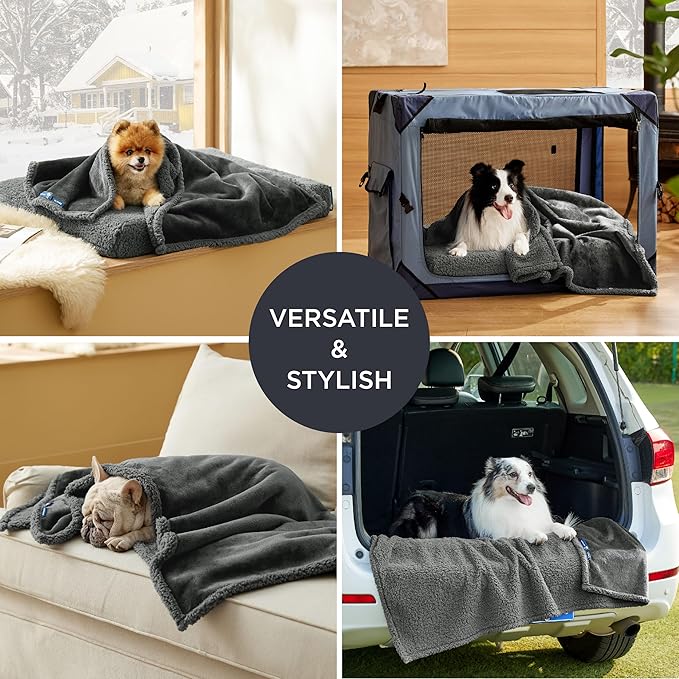 Bedsure Self Warming Blanket for Bed - Sherpa Fleece Waterproof Dog Blankets for Large Dogs, Pet Blankets for Bed/Couch/Dog Crate, Soft Plush Reversible Furniture Protector, Twin Size, 80"x60", Grey